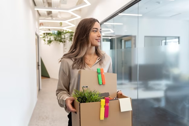 Mulher que foi demitida saindo com os pertences da empresa.