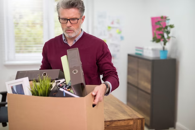 Homem que foi demitido saindo com os pertences da empresa.