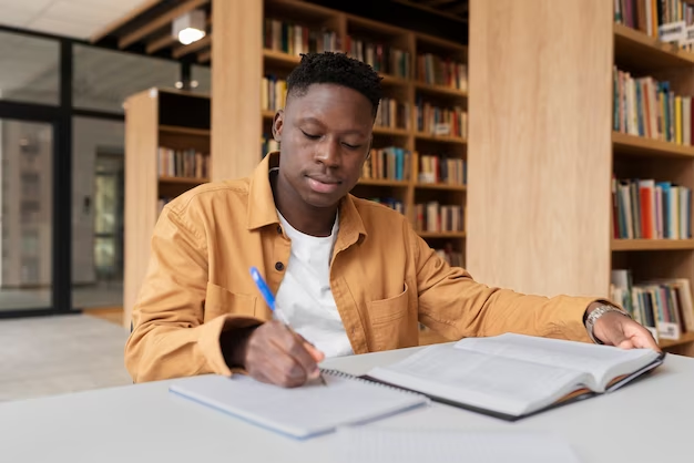 Homem estuda em biblioteca